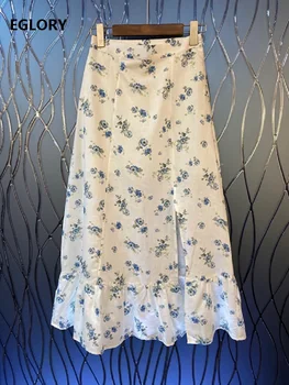 

2020 Summer Fashion Long Skirts Women Vintage Flower Print Ruffle Patchwork Ankle Length Casual Long Maxi Skirts Clothing Ladies
