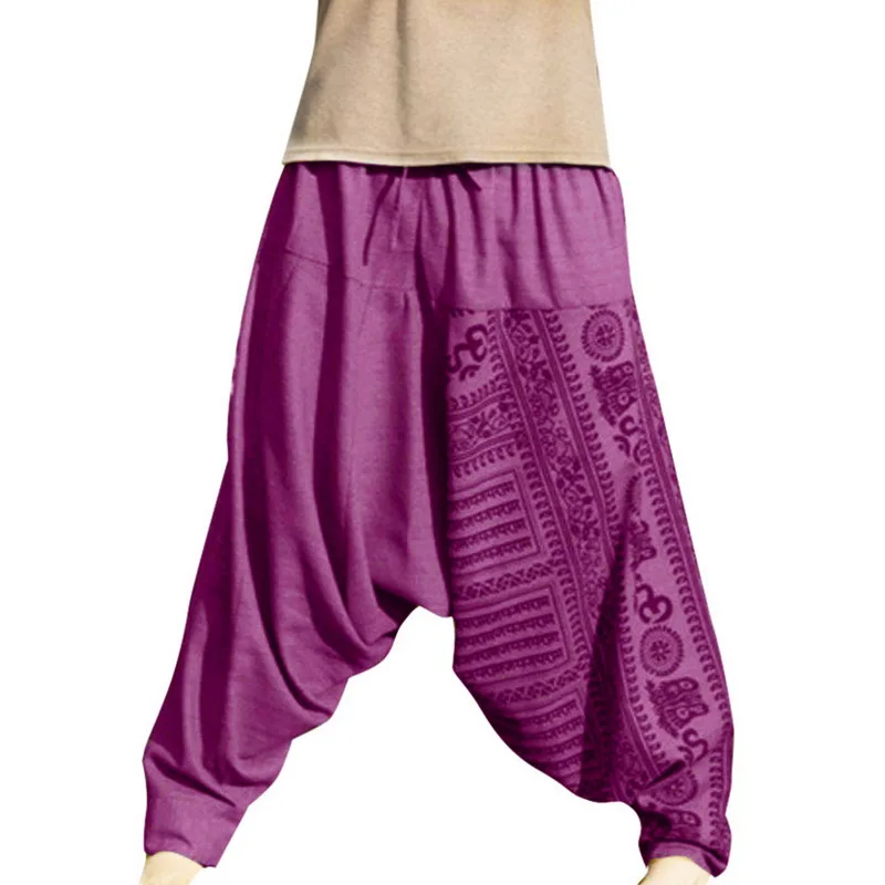 Purple Винтажные мужские шаровары с заниженным шаговым швом хип-хоп брюки с принтом тренировочные брюки-карандаши Повседневный свободный ретро костюм брюки Широкие брюки - Цвет: Purple