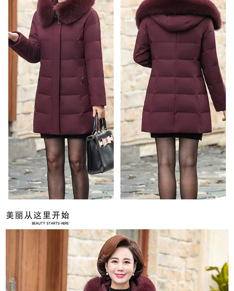 Brand Genuine Fur Collar Large Size White Duck down Coat Women's Winter Middle-aged WOMEN'S down Jacket Warm Mid-length