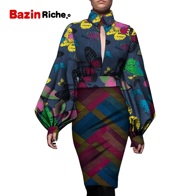 Весенне-осенние африканские платья для женщин, Свободный Топ с длинным рукавом и принтом+ вечерние платья-карандаш длиной до колен, одежда WY5088