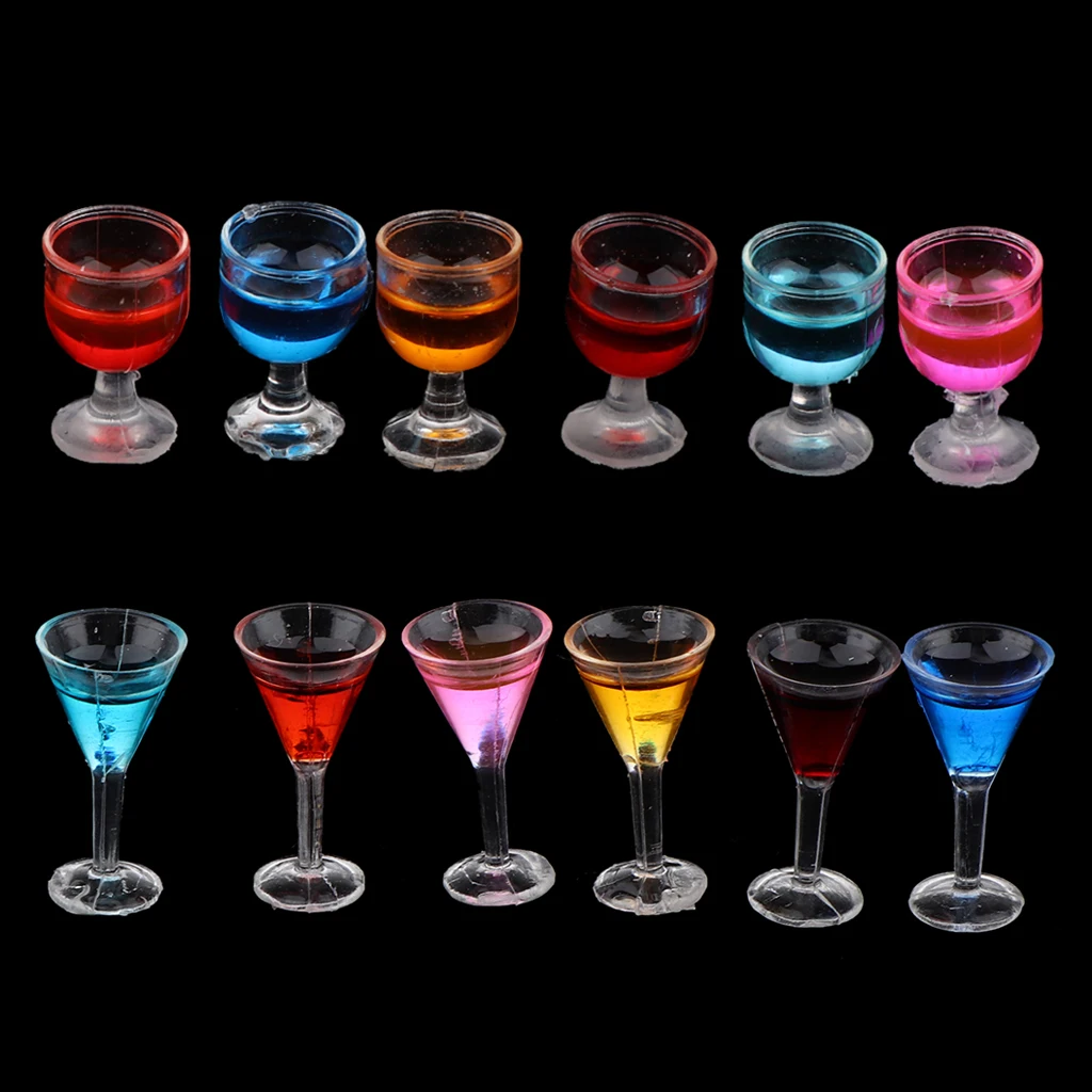 12 Pieces Sharp & Round Cocktail Glasses Fashion Drink Goblets with 6 Colors for 1/12 Dollhouse Bar Accessories Table Decoration
