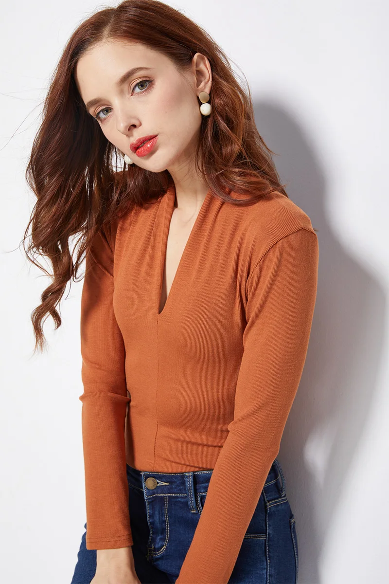 BRADELY MICHELLE Spring Autumn Casual Women Slim Long Sleeve V-neck Tops Cotton knitted Bodysuits With Hidden Button Jumpsuis corset bodysuit