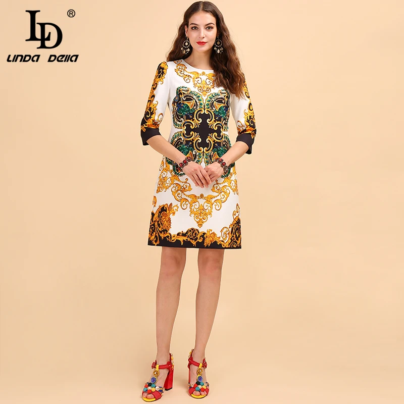 Online LD LINDA DELLA Herbst Fashion Runway Kleid frauen Halbe Hülse Wunderschöne Retro Gedruckt Sicken Lose Vintage Kleid