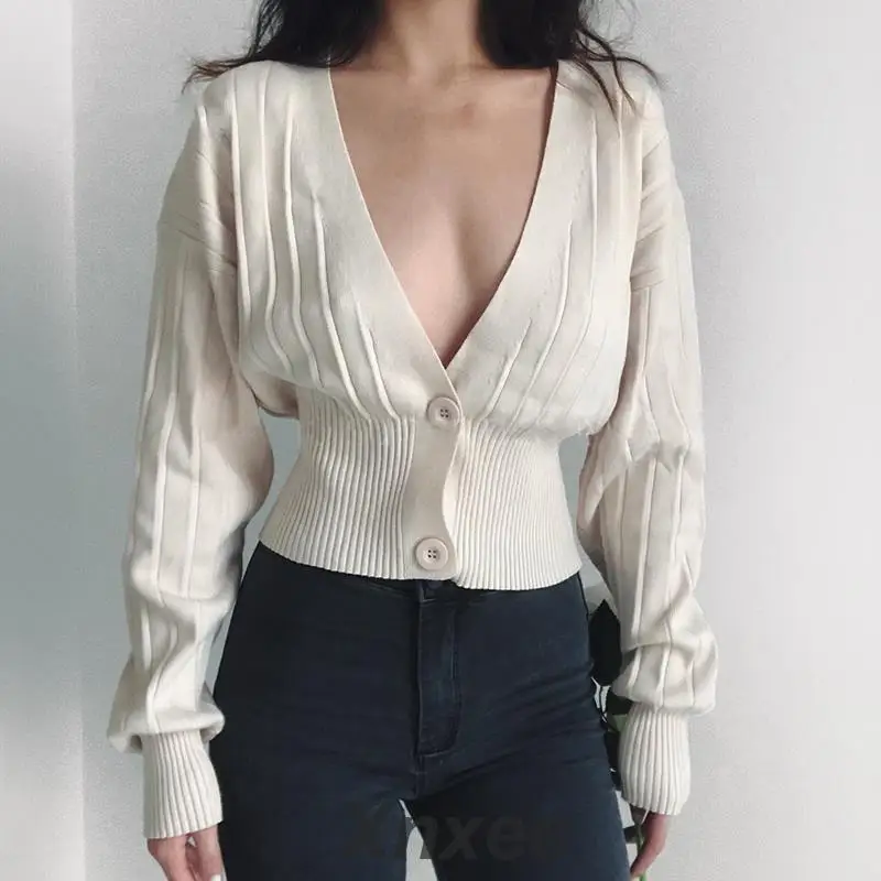 

Women Deep V Neck Cropped Cardigan Drop Shoulder Ribbed Knit Cardigan Xnxee
