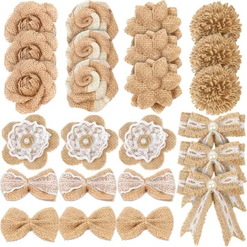 

24Pcs Burlap Flowers,8 Styles Natural Handmade Rustic Rose Flower Bowknot With Faux Pearls For Diy Craft Bouquets Home Wedding C