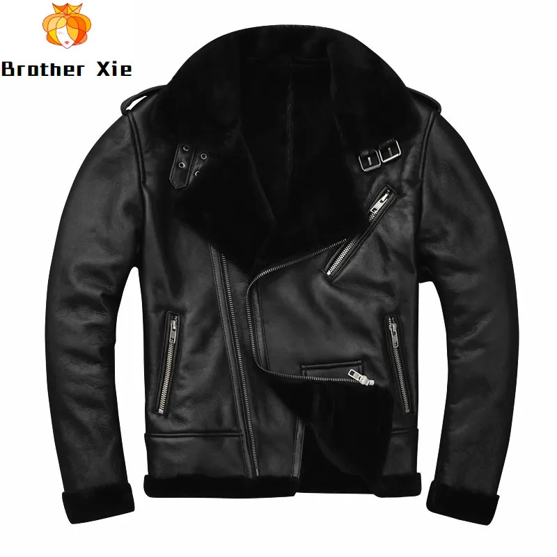 

Men's Genuine Leather Fur Jacket Black Slim Buttons Motorcycle Biker Real Sheepskin Leather Jacket for Male R3052