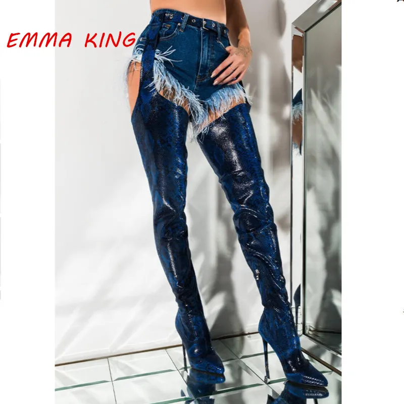 

2020 Snakeskin Prints Belted Pointed Toe Thigh High Boots Women Winter Side Zip Stiletto High Heels Sexy Stretch Leather Boots