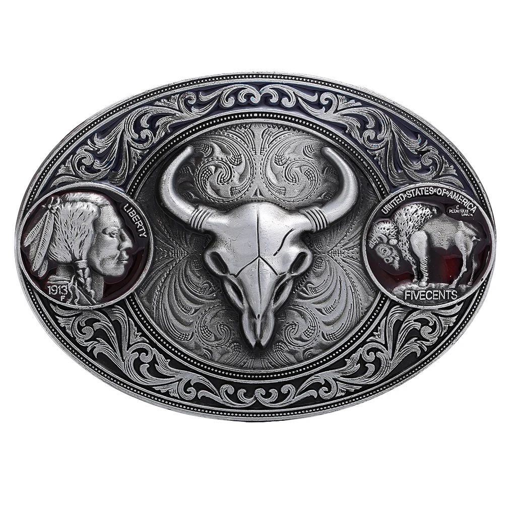 Western Belt Buckle Replacement - Engraved Bull Head - Oval Cowboy Belt Buckle