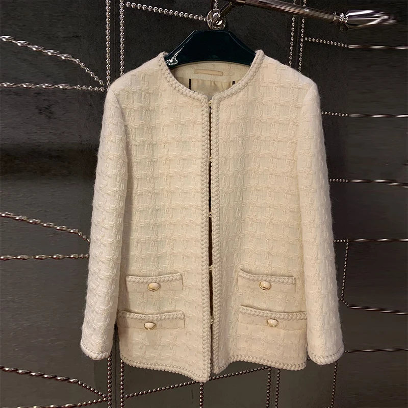 Осеннее женское высококачественное шелковое твидовое пальто шикарное женское элегантное пальто с круглым вырезом B042