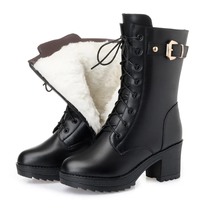 MoonMeek big size 35-42 fashion genuine leather boots round toe ladies ankle boots high heels winter keep warm wool snow boots