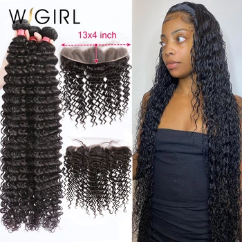 

Wigirl 28 30 32 34 40 Inch Brazilian Hair Weave 3 4 Bundles With 13x4 Lace Frontal and Closure Remy Deep Wave 100% Human Hair
