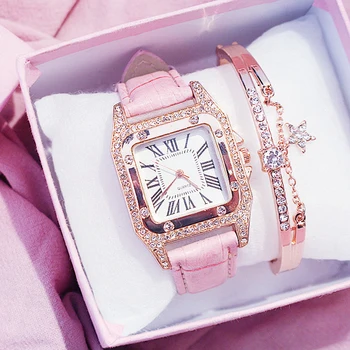 

Luxury Women Watches Rhinestone Female Square Wrist Watch Classic Leather Strap Roman Numerals Wristwatch For Ladies