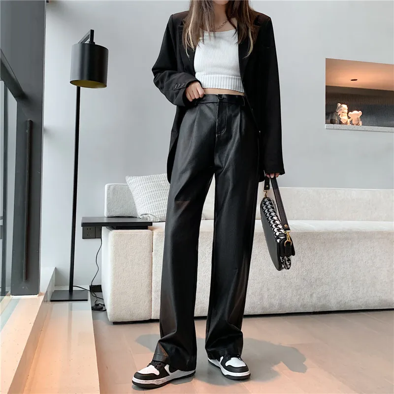 

Vintage Leather Straight Pants Black PU Pockets Elastic Waist Loose Wide Leg Pants Autumn Winter Suits Trousers Female P309