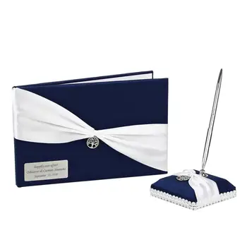 

Personalized Wedding Bridal Reception Guestbook and Pen Set NAVY BLUE with Antique Silver Charm Custom Wedding Gift And Favor