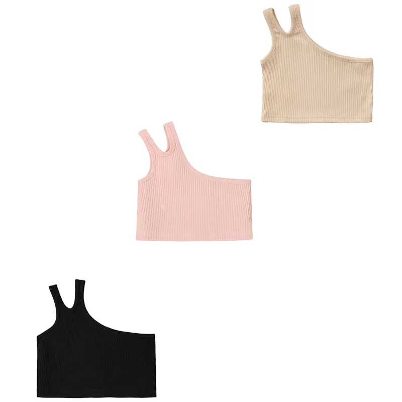 

Kids Summer Tank Tops, Solid Color Slit One-Shoulder Sleeveless Tight Crop Tops for Girls, 2-7 Years