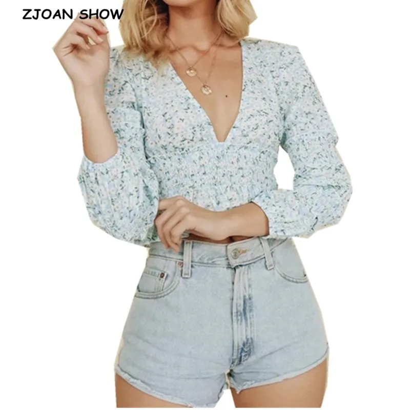 

2019 Retro Floral Print Elastic Ruched High Waist Shirt New Sexy Women Wood ear ruffle Pullover V neck Blouse Long Sleeve Tops