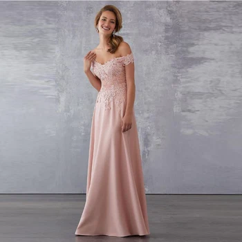

Wholesale Charming Blush Pink Lace Off Shoulder Sleeve Mother of the Bride Dresses Beaded Wedding Party Gowns Full Length