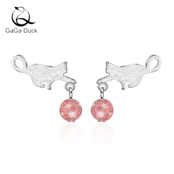 

925 Sterling Silver Fashion Jewelry Strawberry Crystal Flash Brushed Kitten Cat Moonstone Ball Women Stud Earrings E652