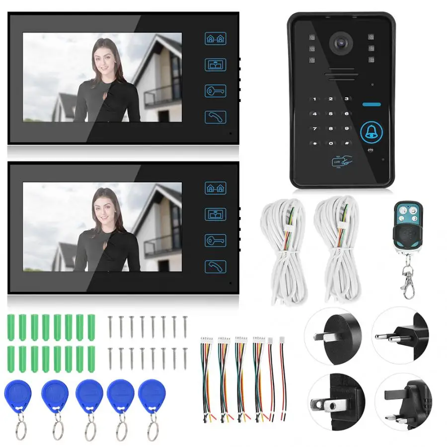 Door bell camera 7in Video Doorbell Password Card Doorphone 2 Monitors Night Vision Intercom 100-240V | Безопасность и защита