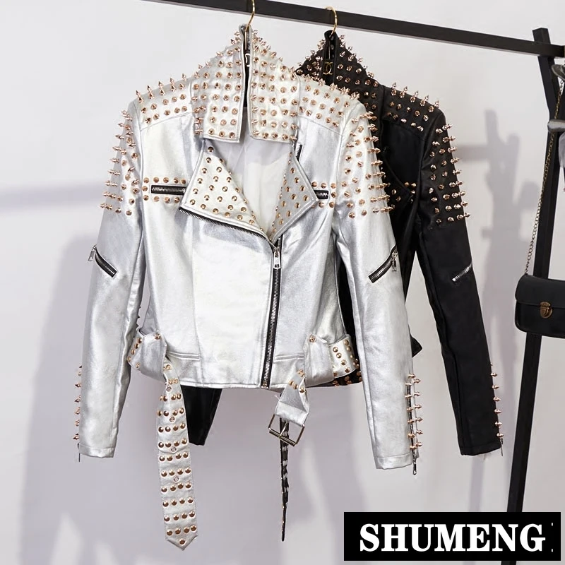 

S-4XL Plus Size Silver Leather Jacket Women New Hand-studded Rivet Slim Long Sleeve Motorcycle PU Leather Jacket Short Coat