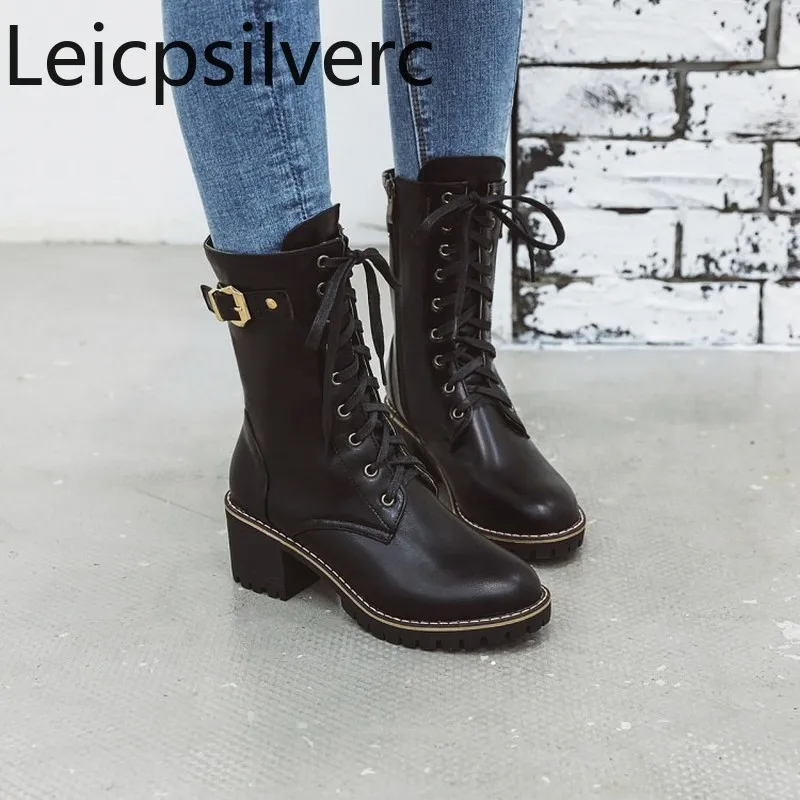 Women's Boots New winter Round head Lace up fashion Thick heel mid heel ...