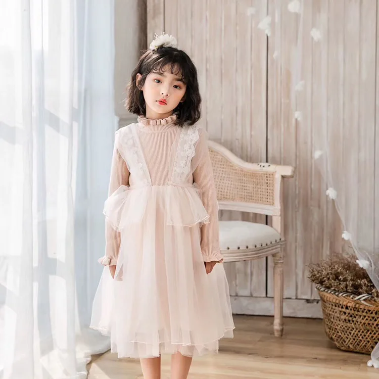 Платье принцессы для девочек; Новинка г.; осенне-зимнее Сетчатое платье для девочек; трикотажное платье с вышивкой для малышей