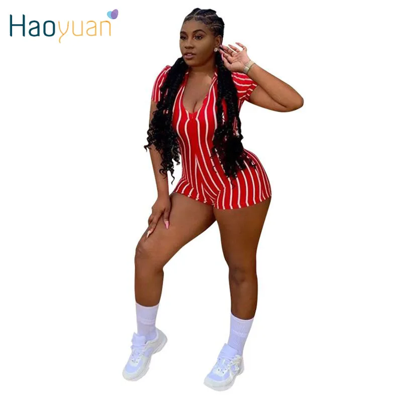 HAOYUAN, сексуальный красный полосатый пляжный костюм, короткий рукав, глубокий v-образный вырез, облегающий летний модный цельный комбинезон, женский комбинезон, шорты