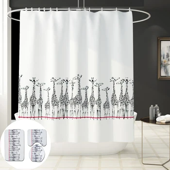 

cartoon giraffe pattern polyester fabric shower curtain 4pcs sets bath screen + mat + toilet cover rug for bathroom DW060
