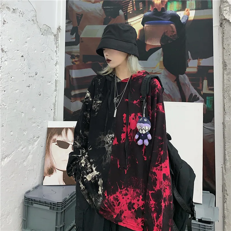 Толстовка женская новая хип-хоп мода tie-dye сшивание половина красный половина белый красивый дикий пуловер женский свободный длинный рукав