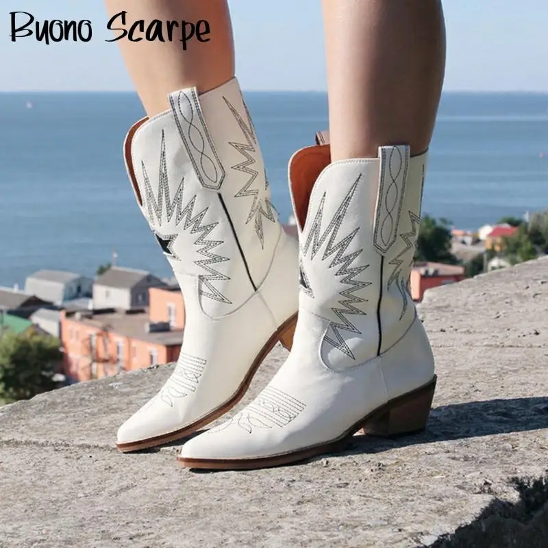Genuine Leather Cowgirl Boots Chunky 