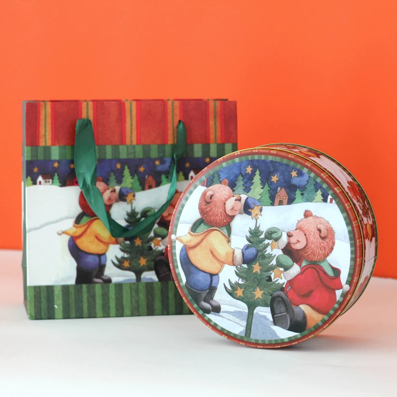 green tree bear box Зимняя жестяная круглая железная коробка для выпечки печенья конфет подарочные коробки вечерние принадлежности для печенья украшения коробки для упаковки подарков - Цвет: green tree bear box