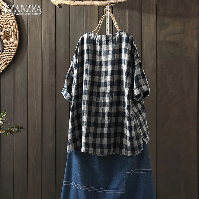 ZANZEA клетчатая блузка Женский Летний Топ кафтан Повседневный 3/4 рукав работа Blusas женский плед Туника Топы плюс размер рубашки 5XL