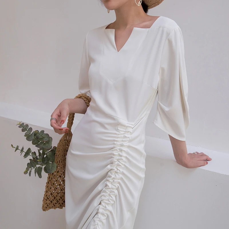 GALCAUR Drawstring Ruched женские платья три четверти рукав с высокой талией Асимметричные осенние платья Женская мода одежда