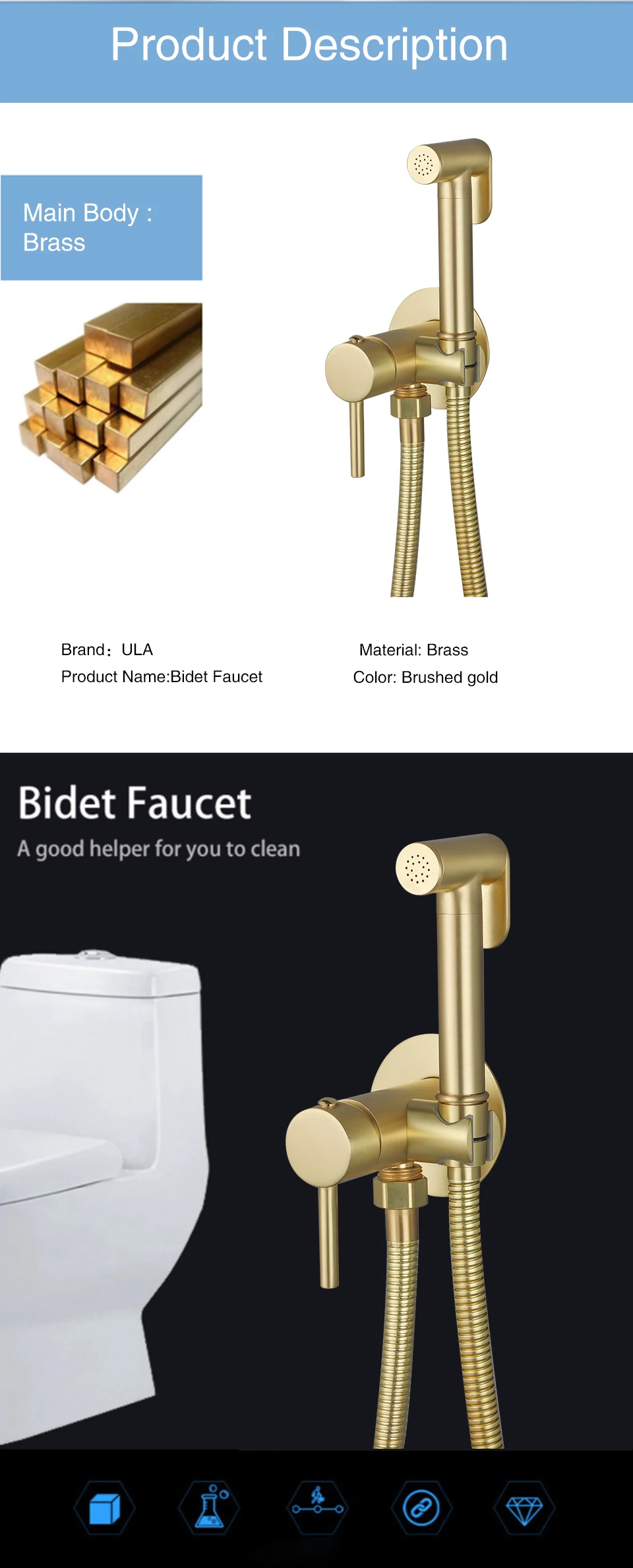 Description Picture 4 of itemULA Hygienic Shower Brass Bidet Faucet Gold Toilet Bidet Sprayer Hot Cold Water Mixer Handheld for toilet washing Bidet Sprayer
