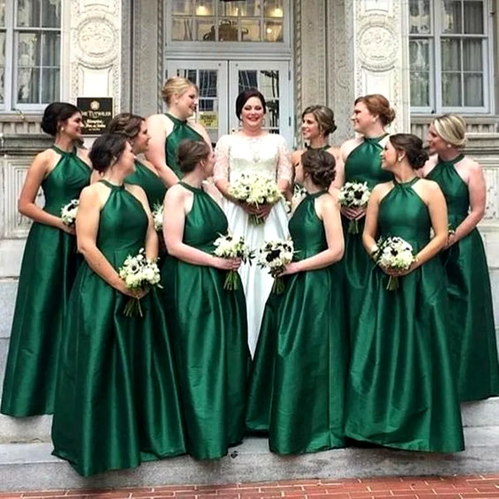 Дешевая атласная зеленые платья для подружки невесты длинное ТРАПЕЦИЕВИДНОЕ свадебное платье с бретелькой для подружки невесты групповое платье для свадебной вечеринки