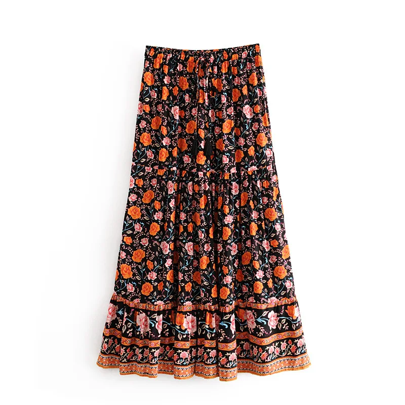 

Europe And America 2019 Autumn Fashion WOMEN'S Dress Rose Positioning Printed Elastic Waist Lace-up Holiday Skirt Medium-length