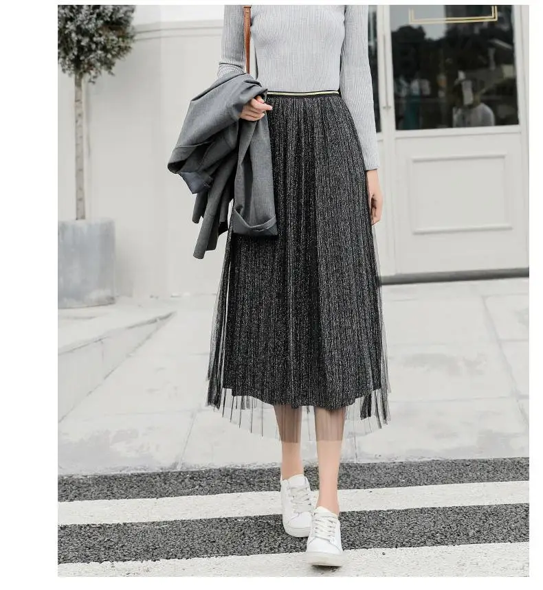 Pleated Bright Silk Mesh Skirt Women Autumn Elegant Korean Clothes New Solid Color Fashion All-match Long Skirt 2 Colors