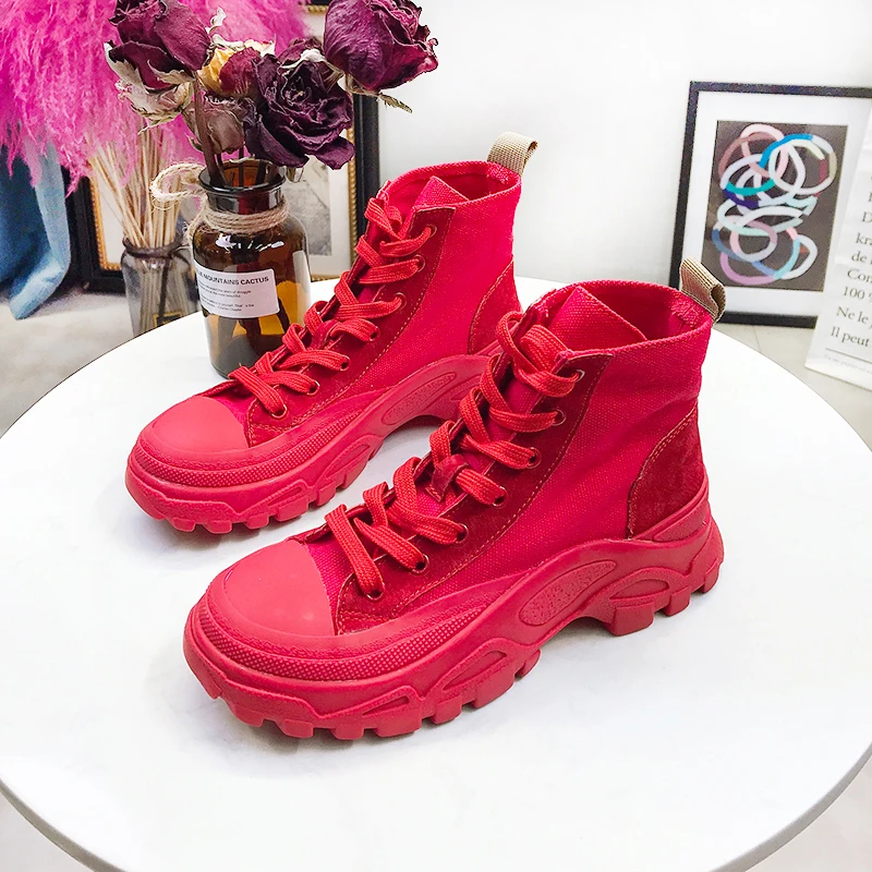 

Women's Ankle Boots Breathable Canvas Thick Sole Woman Shoes 2019 Spring Autumn Casual Lace up Female Autumn Shoes Woman Boots