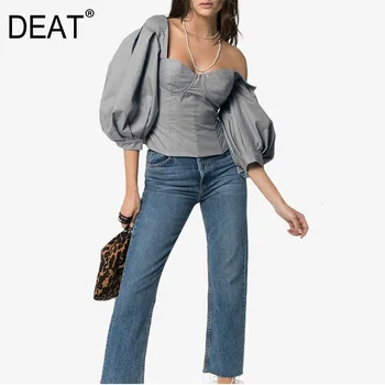 

DEAT 2020 new summer women clothes square collar lantern sleeves zippers backless vintage shirt female blouse sexy WE96305L