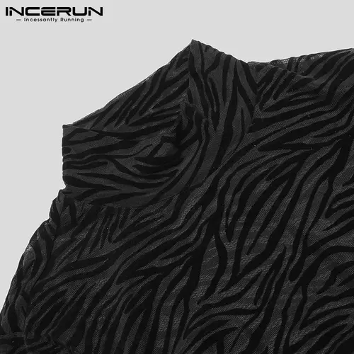 INCERUN-남성 메쉬 티셔츠 터틀넥 긴 소매 시스루 프린트 캐주얼 섹시한 티셔츠, 스트리트웨어 파티 나이트 클럽 캐미 세타 4