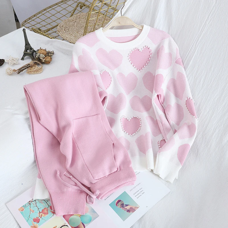 

Runway Autumn Fashion Ladies Sweet Heart-shaped print Beading Pullover Tops+Double pocket Lace-up Trousers Knit Two-piece Sets
