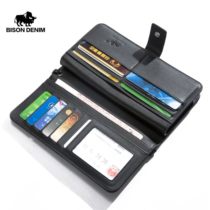 Мужской Длинный кошелек из натуральной кожи BISON DENIM деловой на молнии с карманом
