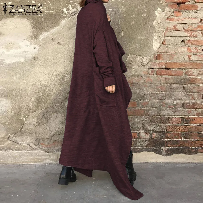 ZANZEA/Модные осенние длинные куртки для женщин, свободный вырез, длинный рукав, однотонный кардиган, винтажные Свободные пиджаки, женская верхняя одежда, повседневные топы