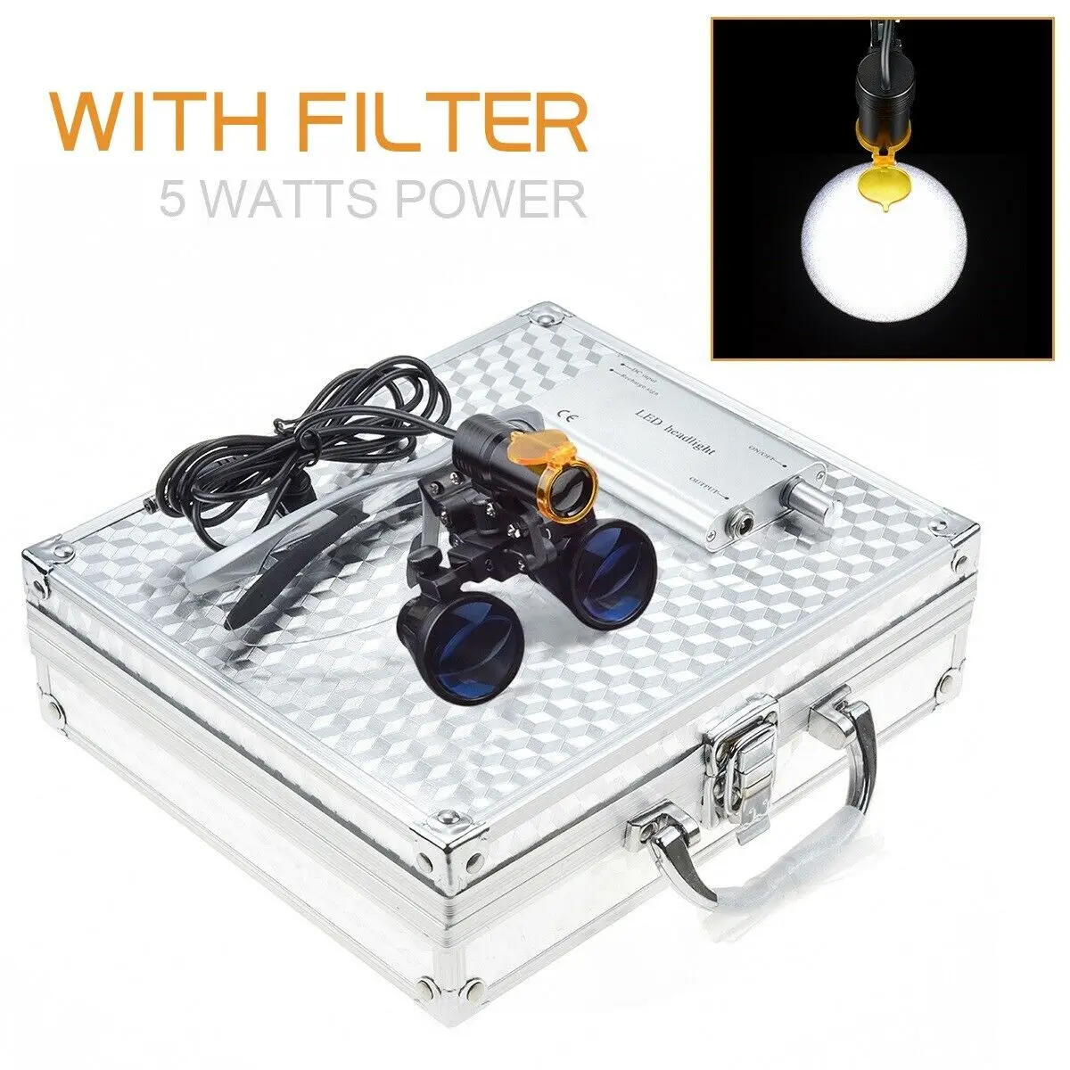 

Binocular Dental Dentist Loupes +5W LED Headlight with Filter Aluminum Box 2.5X/3.5X Silver