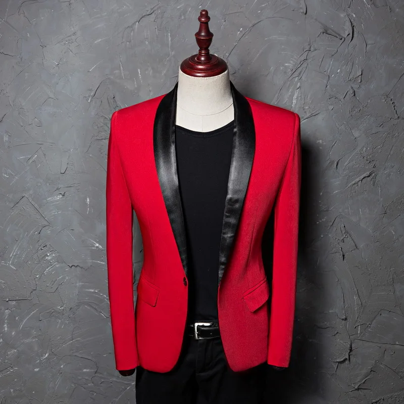 Men's Single Button Suits Jacket Red Shawl Collar Wedding Party Business Casual Blazers Coat Masculino Slim Fit Men | Мужская одежда
