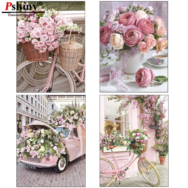 Pshiny 5d DIY Diamond Painting Full Square Embroidery Flowers Picture Cross Stitch Kit Landscape Bicycle Sticker | Дом и сад
