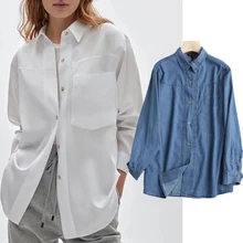 

Dave&Di England Fashion Big Pockets Oversize Tencel Lyocell Blouse Women Blusas Mujer De Moda 2021 Causal Denim Shirt Women