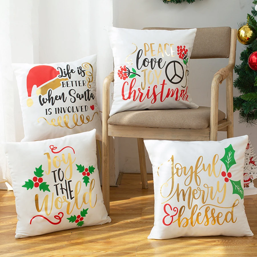 

Bronzing White Super Soft Sofa Cushion Cover European-Style Letter Christmas Hat Gift Decorative Pillows Case 45*45 Home Decor