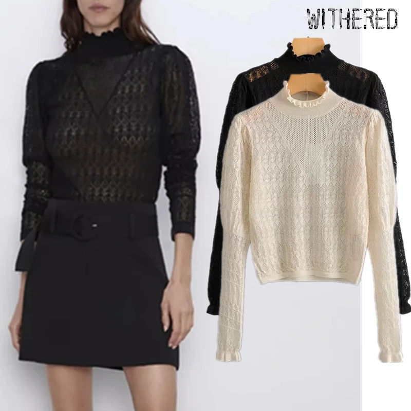 Скидка Увядшие осенние свитера 2019 Женские Английские офисные женские Простые открытые кружевные сексуальные базовые вязаные свитера женские пул...