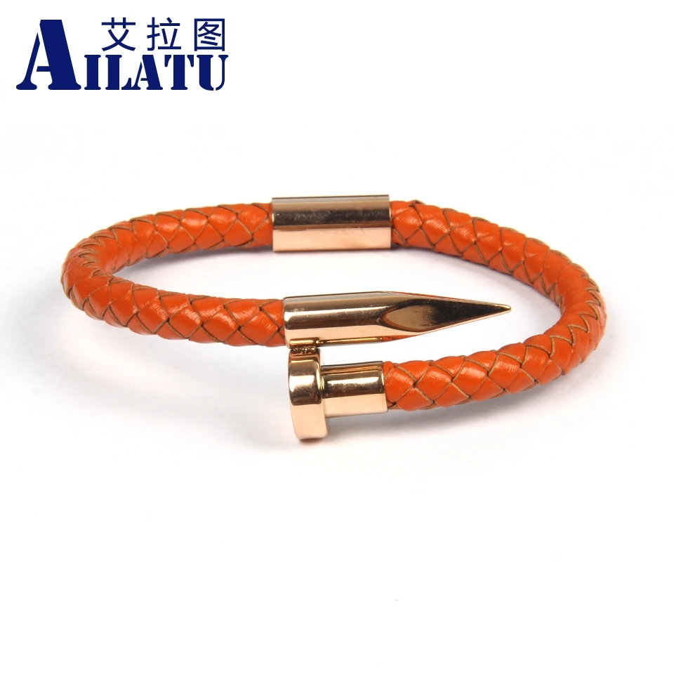 Ailatu Genuine Leather Bracelet for Men Women Design Stainless Steel Magnetic Clasp Braid Rope Jewelry Mix Colors